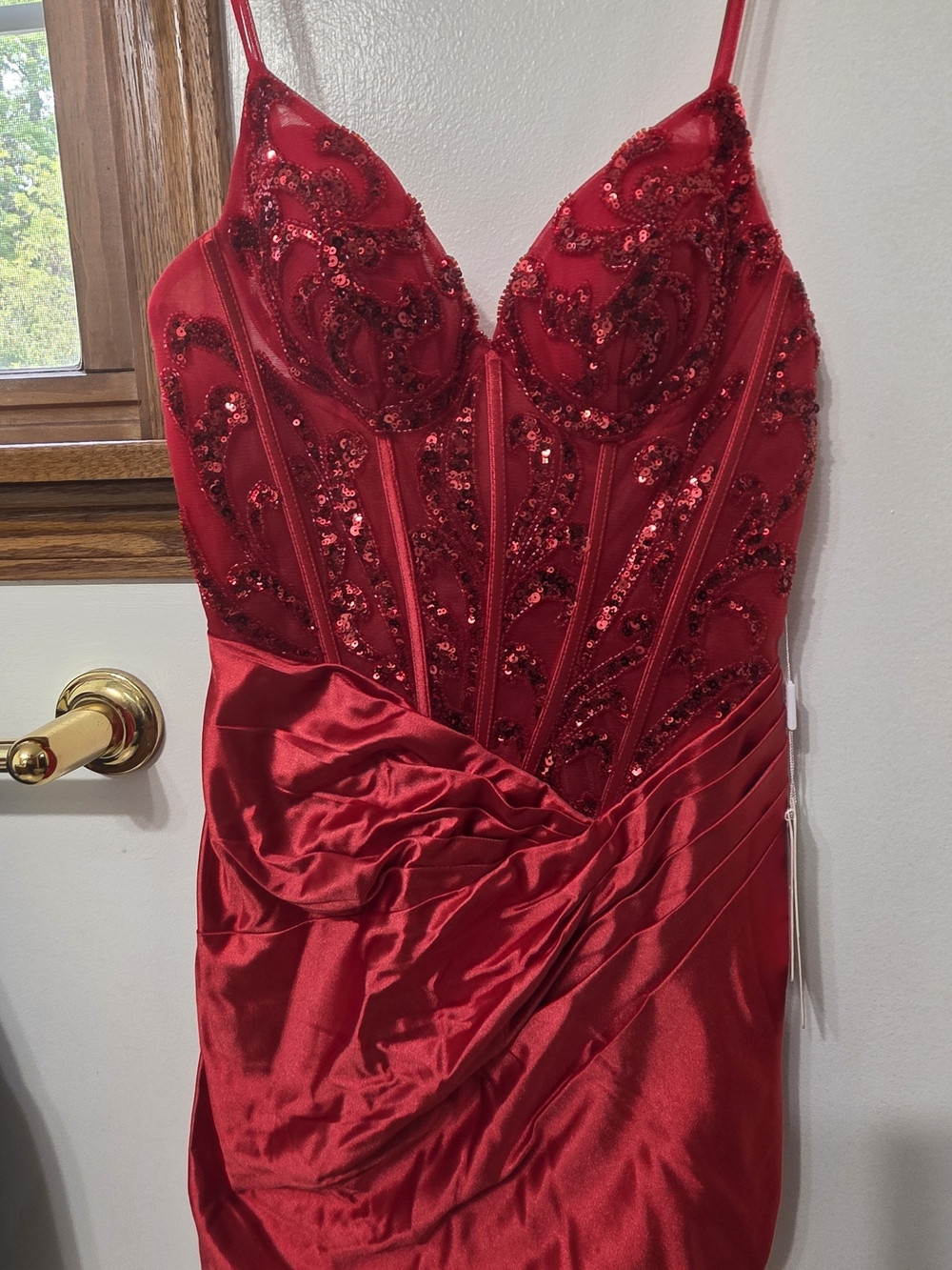 Strapless Red Sequin Evening Dress with Draped Satin Skirt